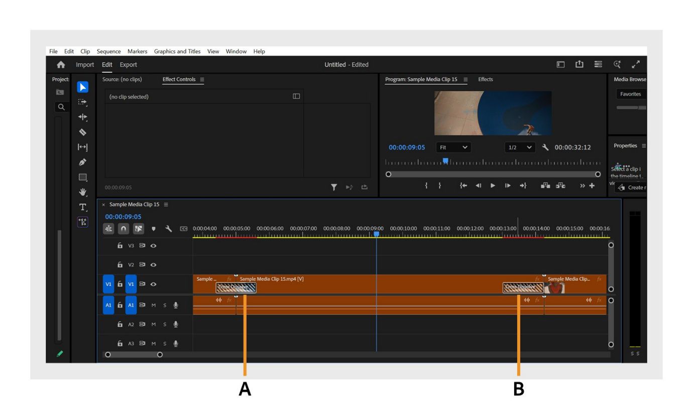 Il pannello Timeline mostra la transizione bilaterale tra il primo e il secondo Video e la transizione unilaterale alla fine del secondo Video.