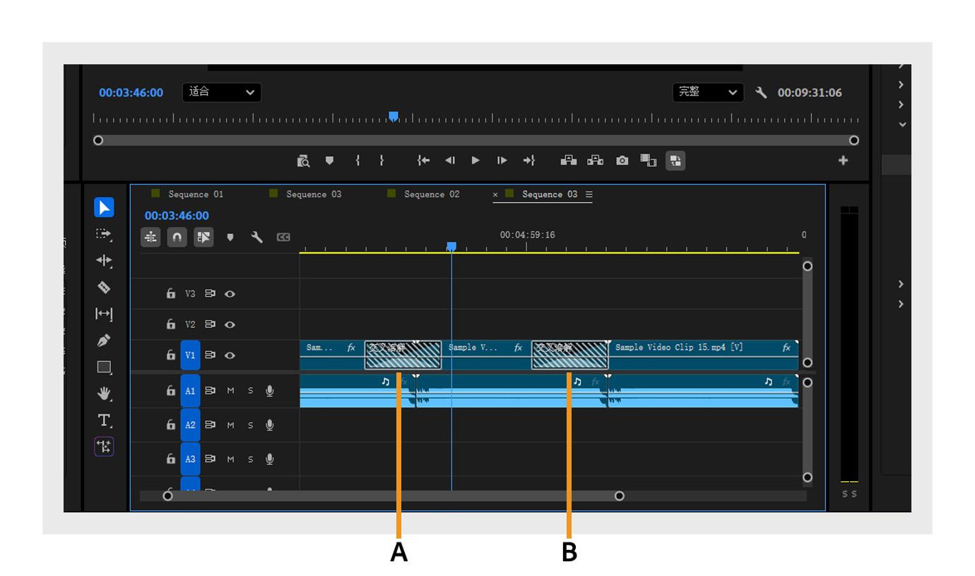 “时间轴”面板显示第一个和第二个视频之间的双侧过渡，以及第二个视频末尾的单侧过渡。
