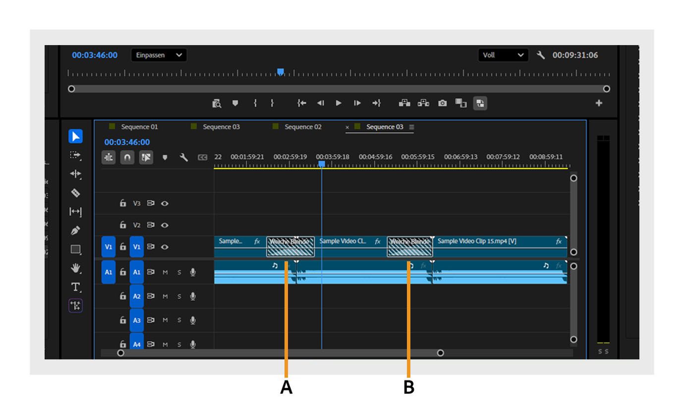Das Bedienfeld „Schnittfenster“ zeigt die doppelseitigen Überblendung zwischen dem ersten und zweiten Video und die einseitigen Überblendung am Ende des zweiten Videos.