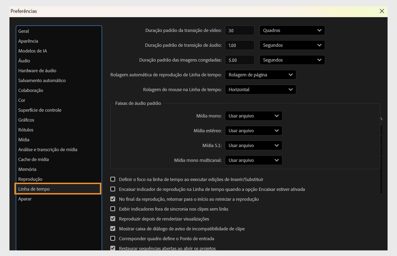 O painel “Linha do tempo” aberto na caixa de diálogo “Preferências”, com opções para personalizar como as sequências se comportam e são exibidas, incluindo configurações de ajuste à linha do tempo, faixas de áudio e vídeo e durações padrão para transições e imagens estáticas.