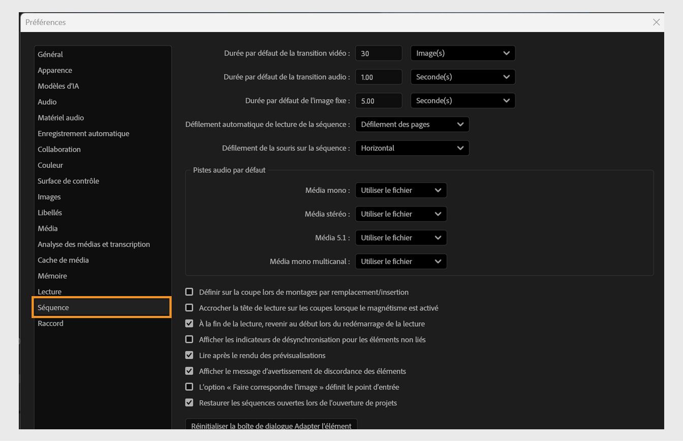 Le panneau Montage dans la boîte de dialogue Préférences est ouvert avec des options pour personnaliser le comportement et l’affichage des séquences, notamment les paramètres de magnétisme du montage, les pistes audio et vidéo et les durées par défaut des transitions et des images fixes.