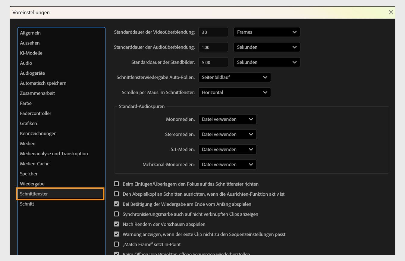 Das Bedienfeld „Schnittfenster“ im Dialogfeld „Voreinstellungen“ ist geöffnet und zeigt Optionen zur Anpassung des Verhaltens und Aussehens von Sequenzen, einschließlich Einstellungen für Schnittfenster-Ausrichtung, Audio- und Videospuren sowie Standarddauern für Überblendungen und Standbilder.