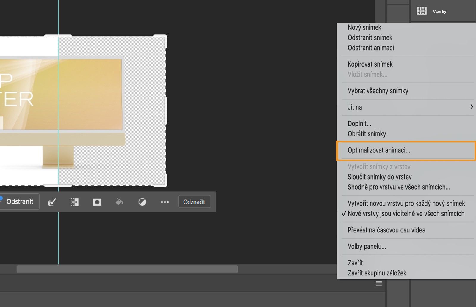 Je otevřena nabídka panelu Časová osa s zvýrazněnou možností Optimalizovat animaci.