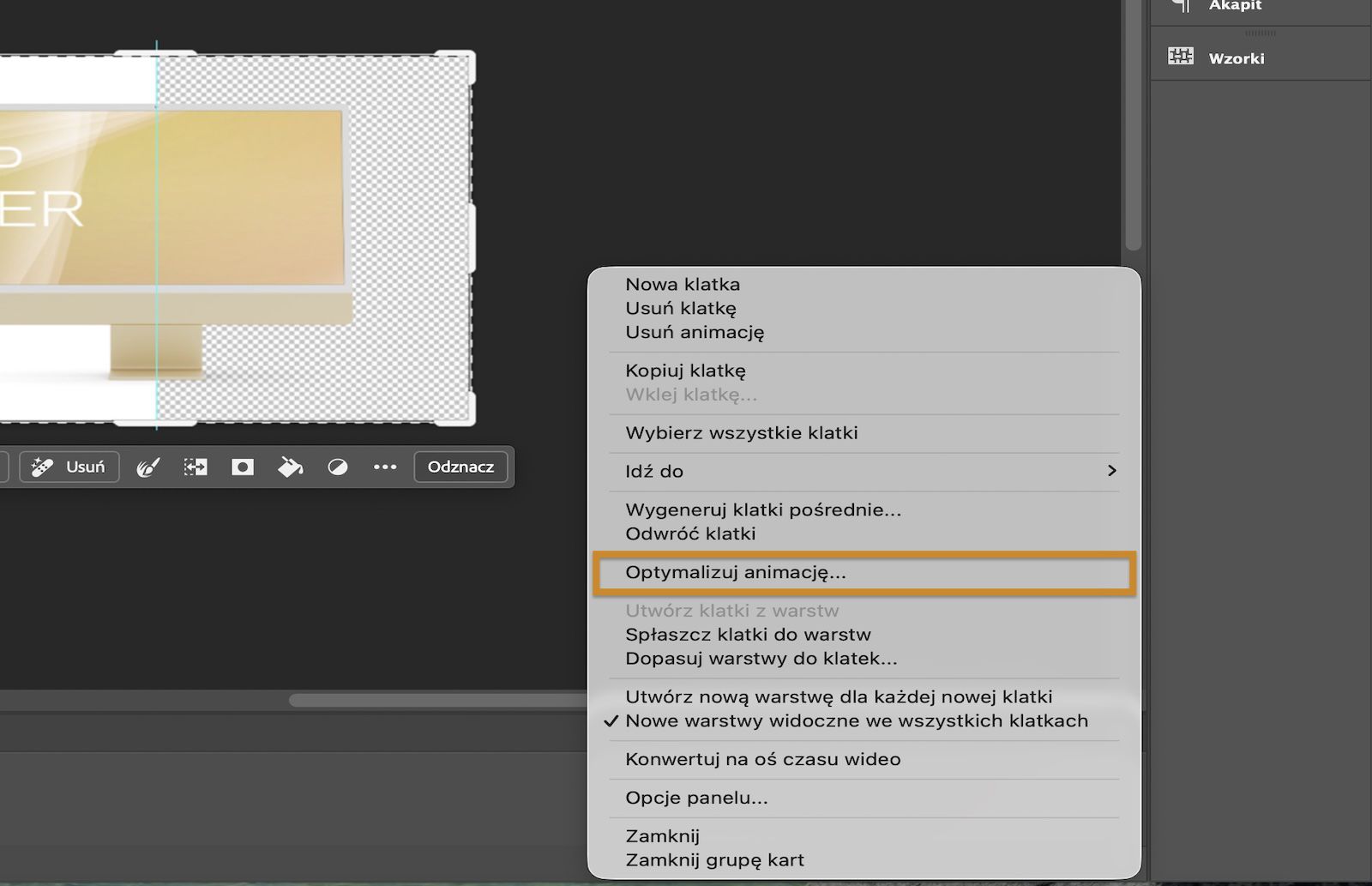 Menu panelu Timeline jest otwarte z wyróżnioną opcją Optymalizuj animację.