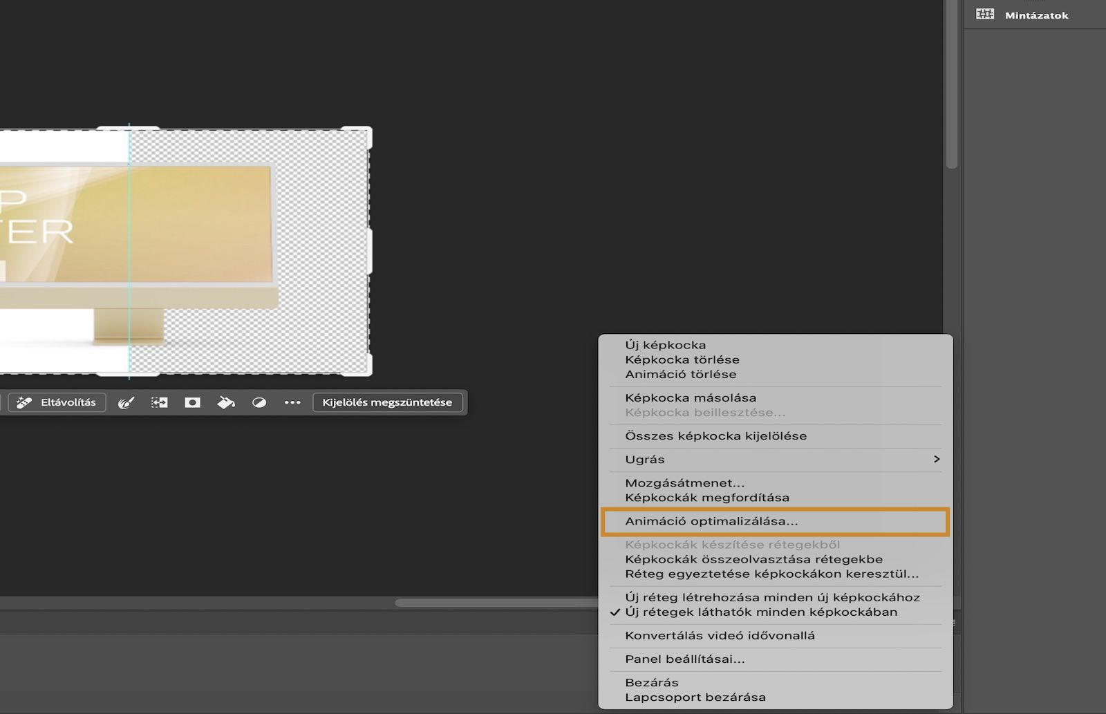 Az Idővonal panel menüje meg van nyitva, és az Animáció optimalizálása lehetőség van kijelölve.