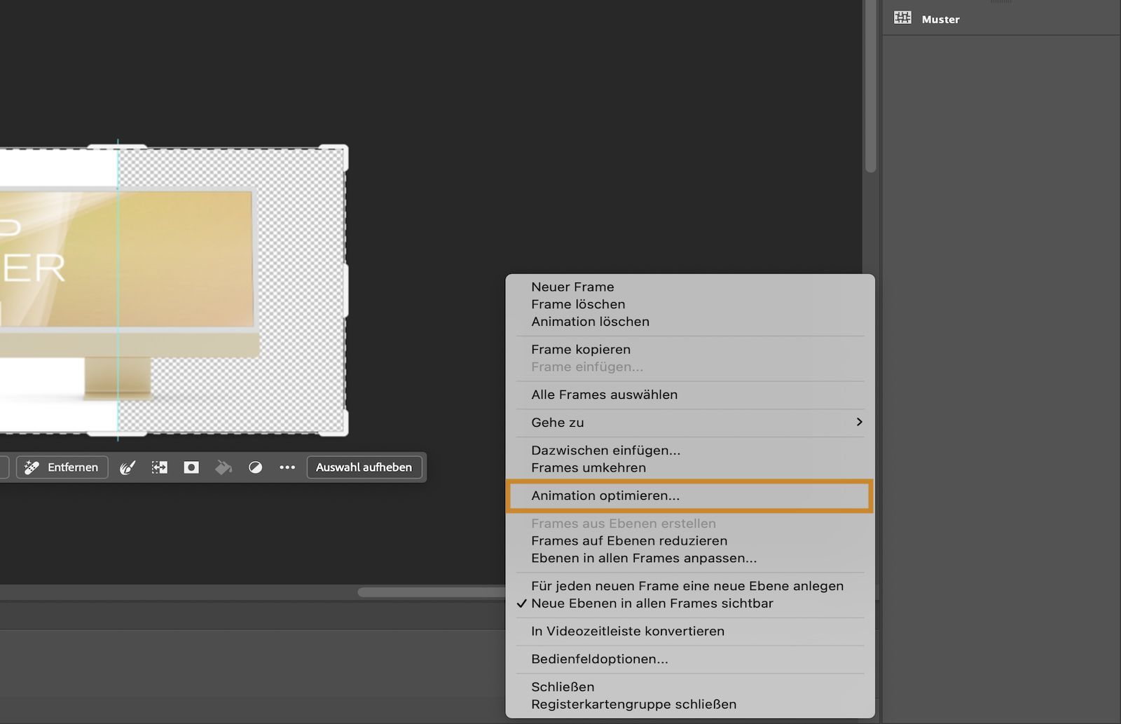 Das Timeline-Bedienfeld-Menü ist geöffnet und die Option „Animation optimieren&quot; ist hervorgehoben.
