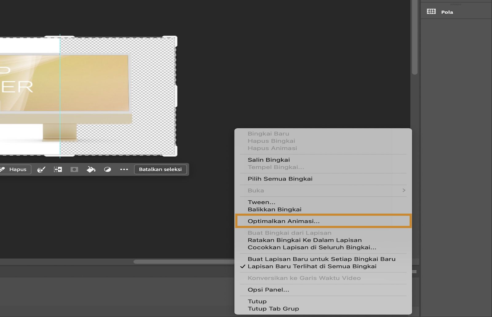 Menu panel Timeline terbuka dengan opsi Optimalkan Animasi disorot.