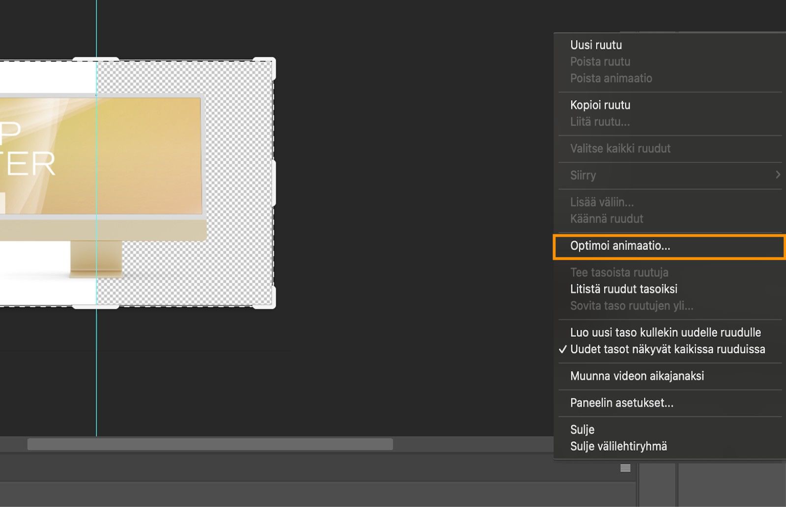 Aikajana-paneeli on auki, ja Optimoi animaatio -vaihtoehto näkyy korostettuna.