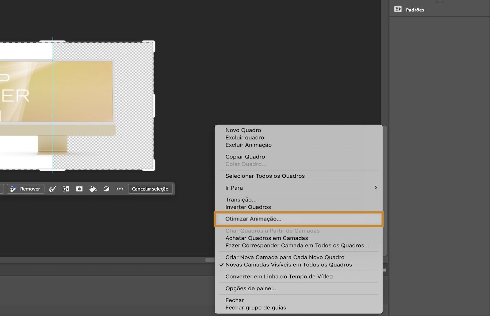 O menu do painel Linha do tempo está aberto com a opção Otimizar animação em destaque.