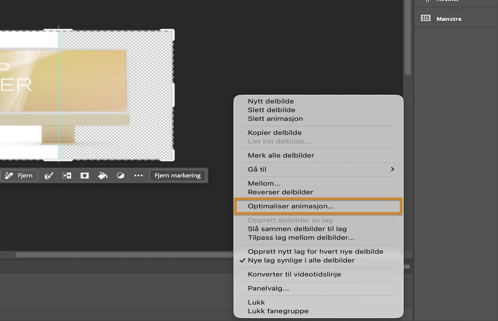 Tidslinjepanelets meny er åpen med alternativet Optimaliser animasjon uthevet.