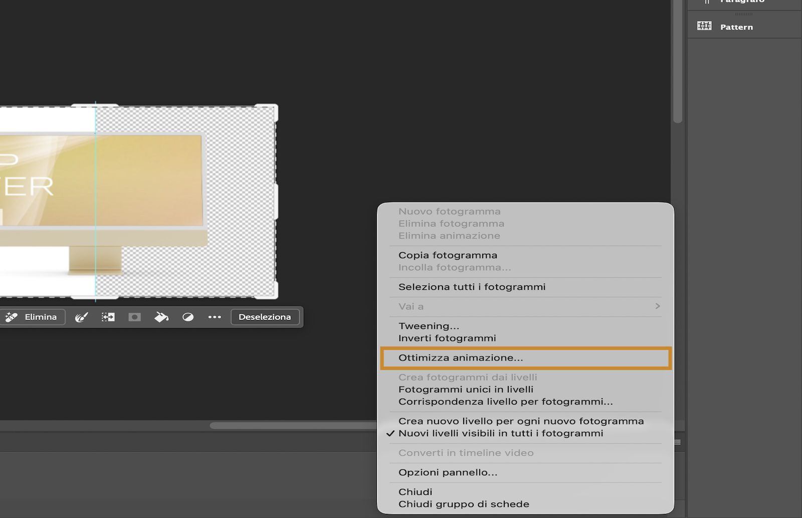 Il menu del pannello Timeline è aperto con l'opzione Ottimizza animazione evidenziata.