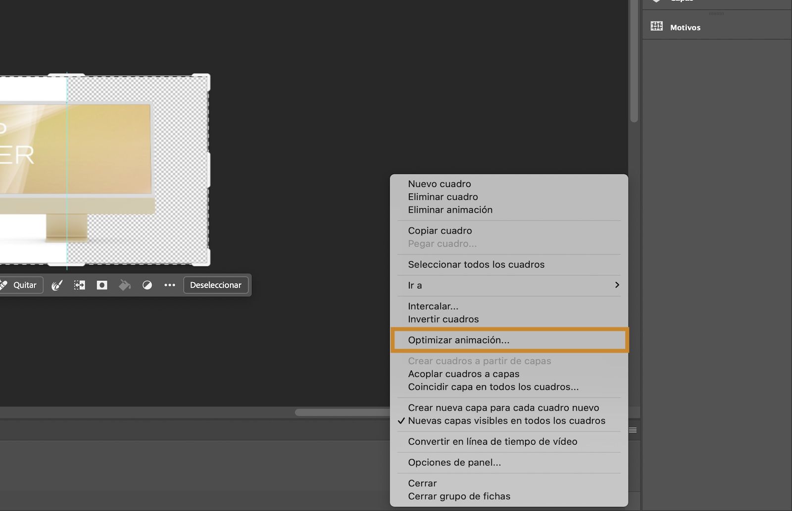 El menú del panel Timeline está abierto con la opción Optimizar animación resaltada.