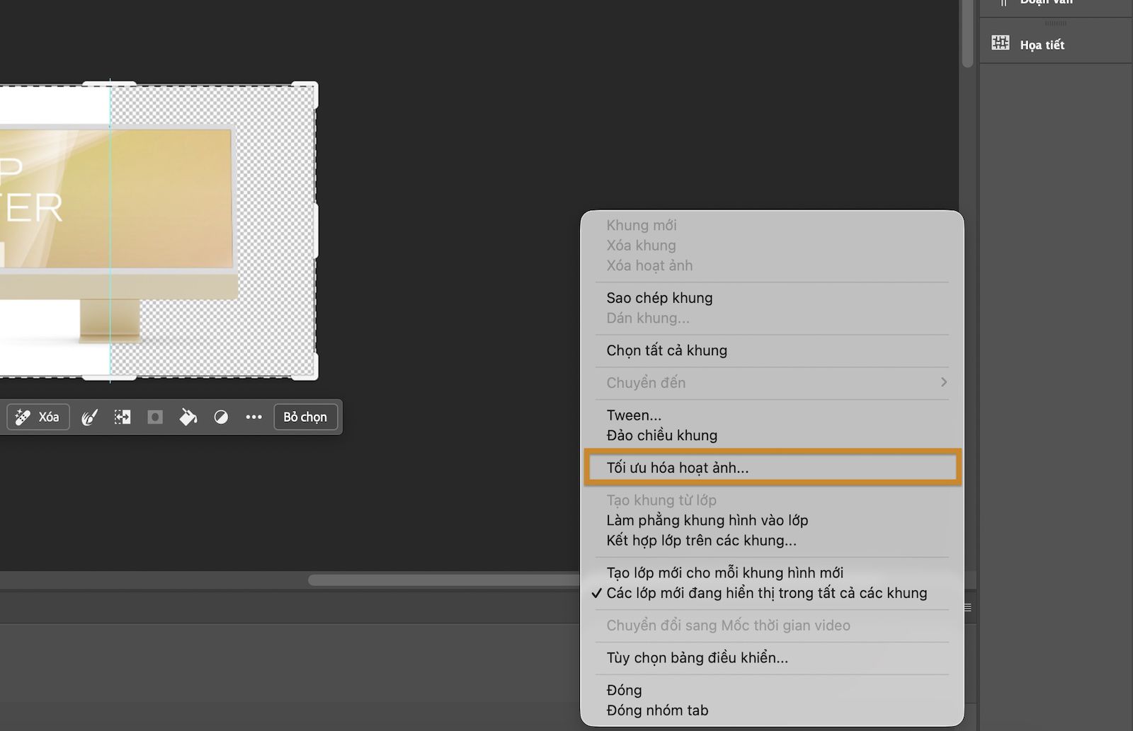 Menu bảng Dòng thời gian đang mở với tùy chọn Tối ưu hóa hoạt ảnh được làm nổi bật.