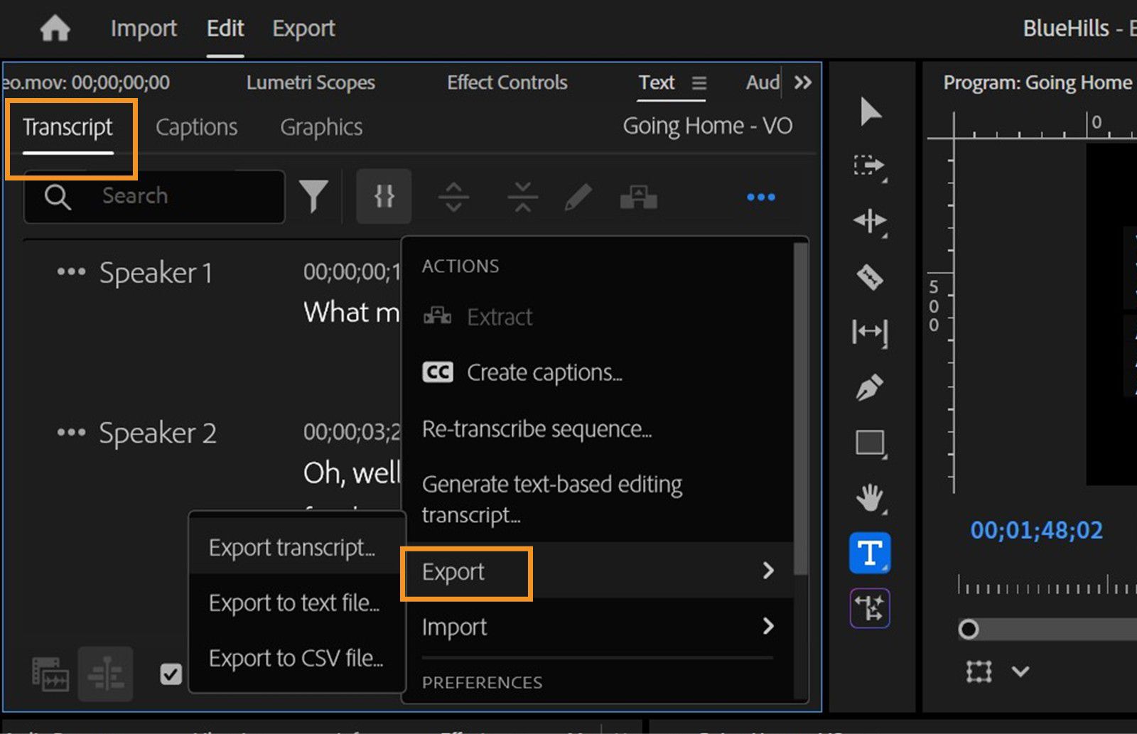 La pestaña Transcript está abierta y en el menú Export hay diferentes formatos de archivo disponibles para exportar transcripciones.