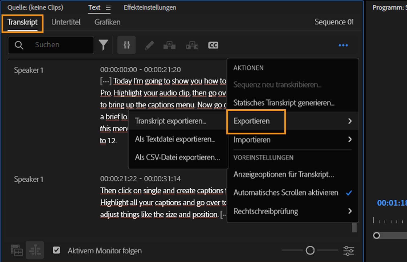 Die Registerkarte „Transkript“ ist geöffnet und im Menü „Exportieren“ stehen verschiedene Dateiformate zum Exportieren von Transkripten zur Verfügung.
