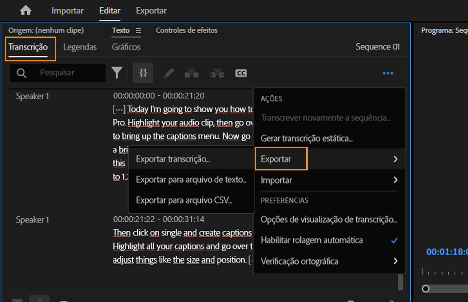 A guia “Transcrição” está aberta e, no menu “Exportar”, há diferentes formatos de arquivo disponíveis para exportar transcrições.