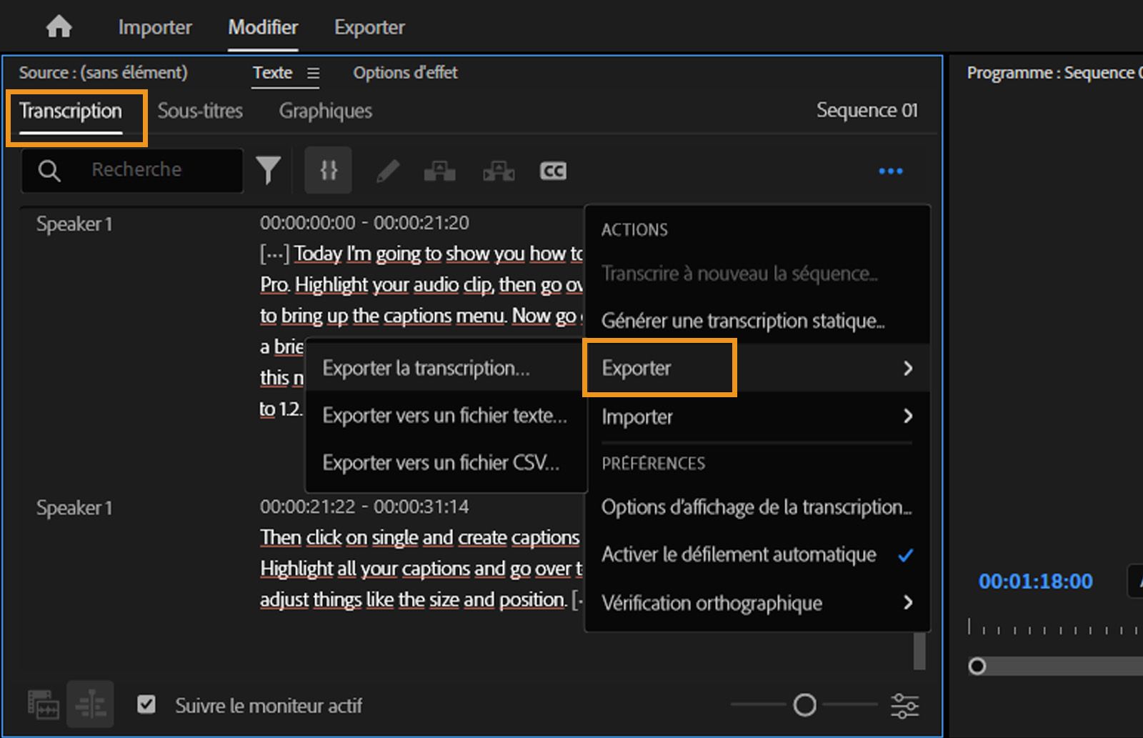 L’onglet Transcription est ouvert et, dans le menu Exporter, différents formats de fichiers sont disponibles pour exporter les transcriptions.