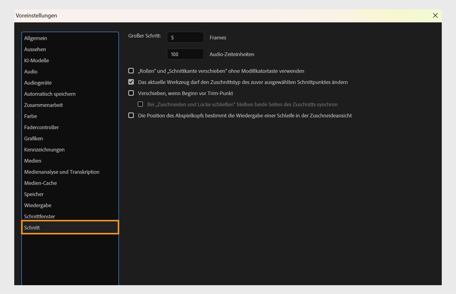 Das Dialogfeld „Voreinstellungen“ wird im Bedienfeld „Zuschneiden“ geöffnet. Dort kannst du die Einstellungen anpassen, die das Verhalten der Zuschneideansicht und die Wiedergabe während des Zuschneidens in Premiere Pro steuern.