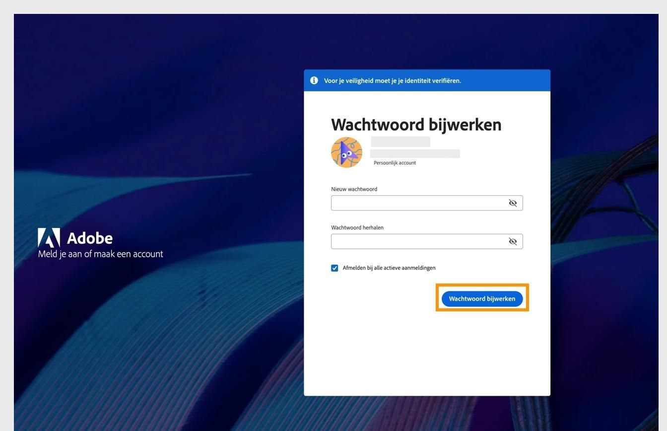De knop Wachtwoord bijwerken, aan de rechterkant van het venster Je wachtwoord bijwerken, stelt je in staat om je Adobe-wachtwoord te wijzigen naar een nieuw wachtwoord. 