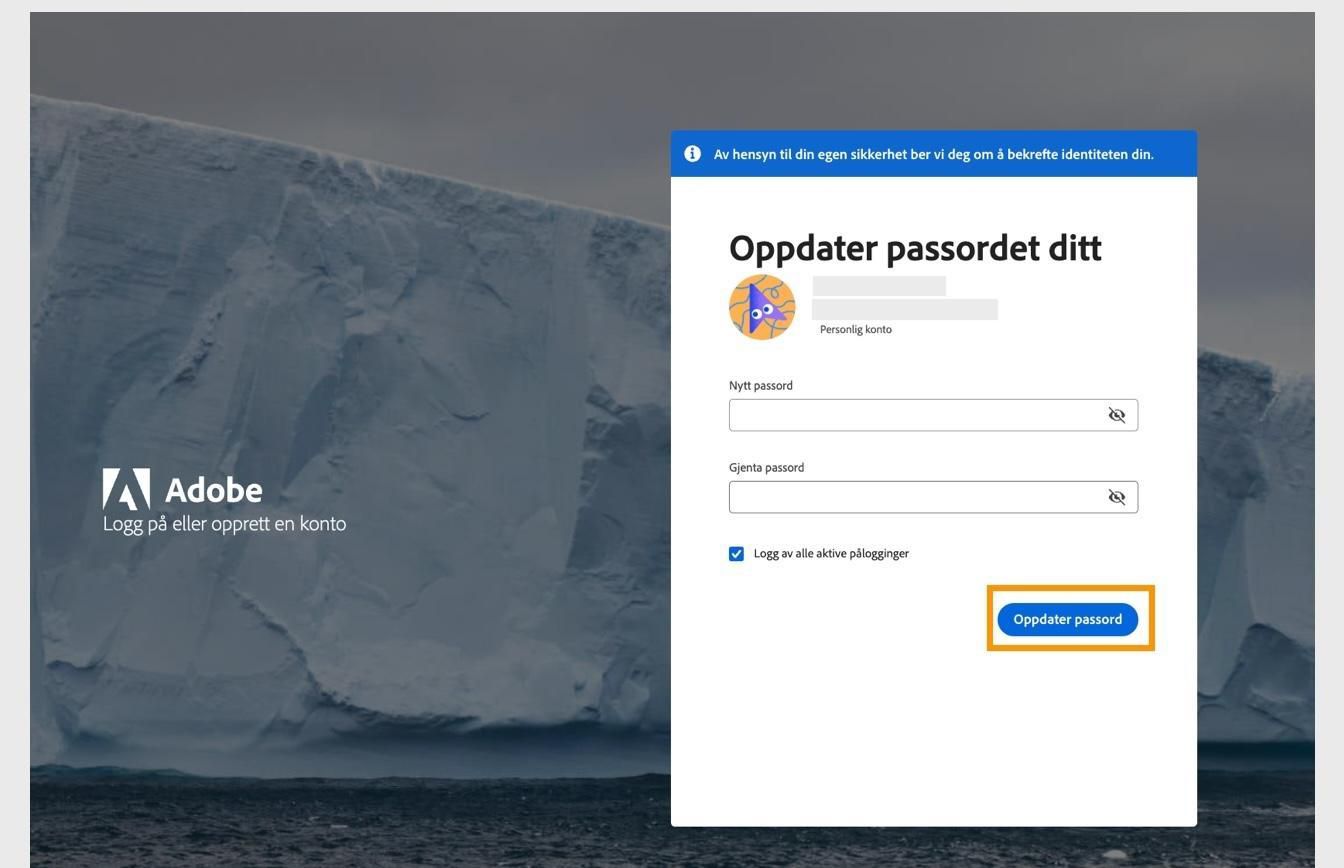 Du kan bruke Oppdater passord-knappen til høyre i vinduet Oppdater passordet ditt til å bytte til et nytt passord for Adobe. 