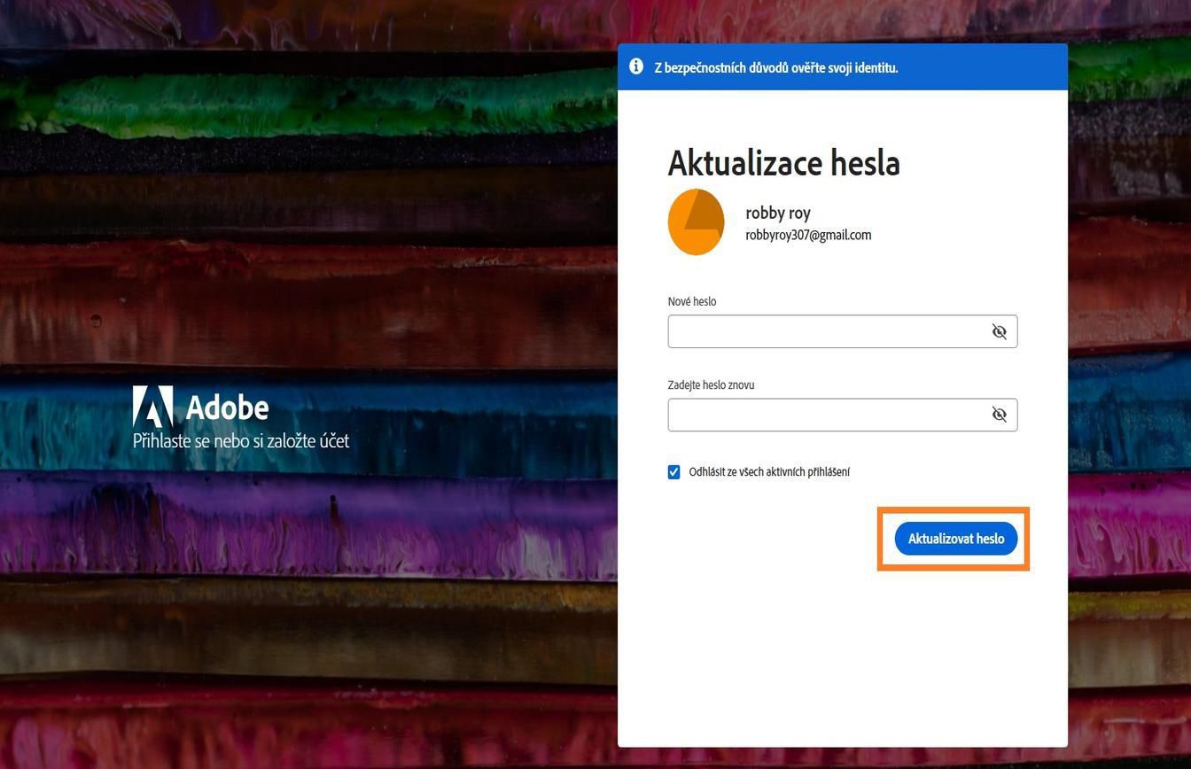 Tlačítko Aktualizovat heslo, které se nachází na pravé straně okna Aktualizujte své heslo, vám umožňuje změnit heslo Adobe na nové.