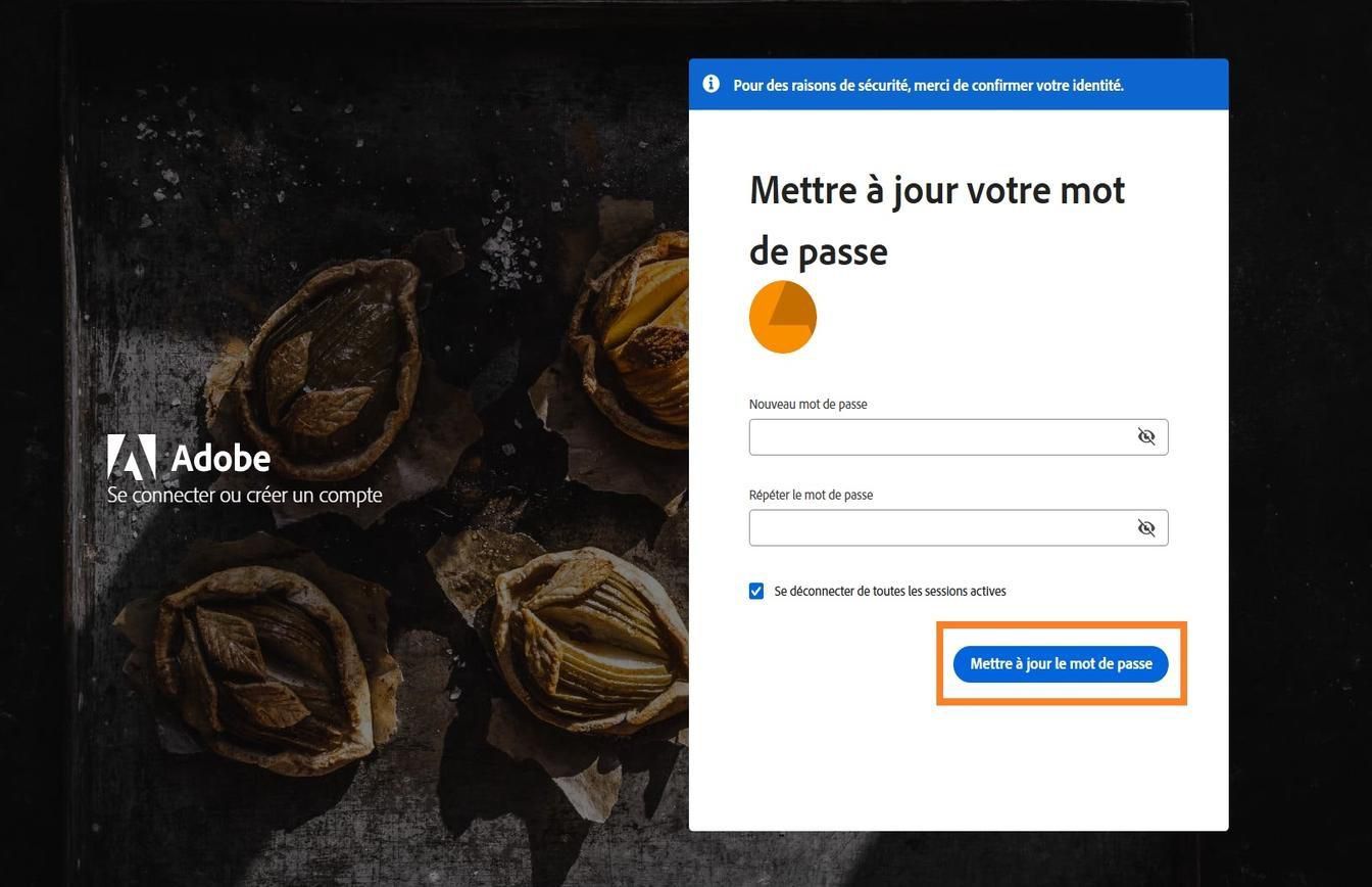 Le bouton Mettre à jour le mot de passe, situé dans la partie droite de la fenêtre Mettre à jour votre mot de passe, vous permet de modifier votre mot de passe Adobe pour en définir un nouveau. 