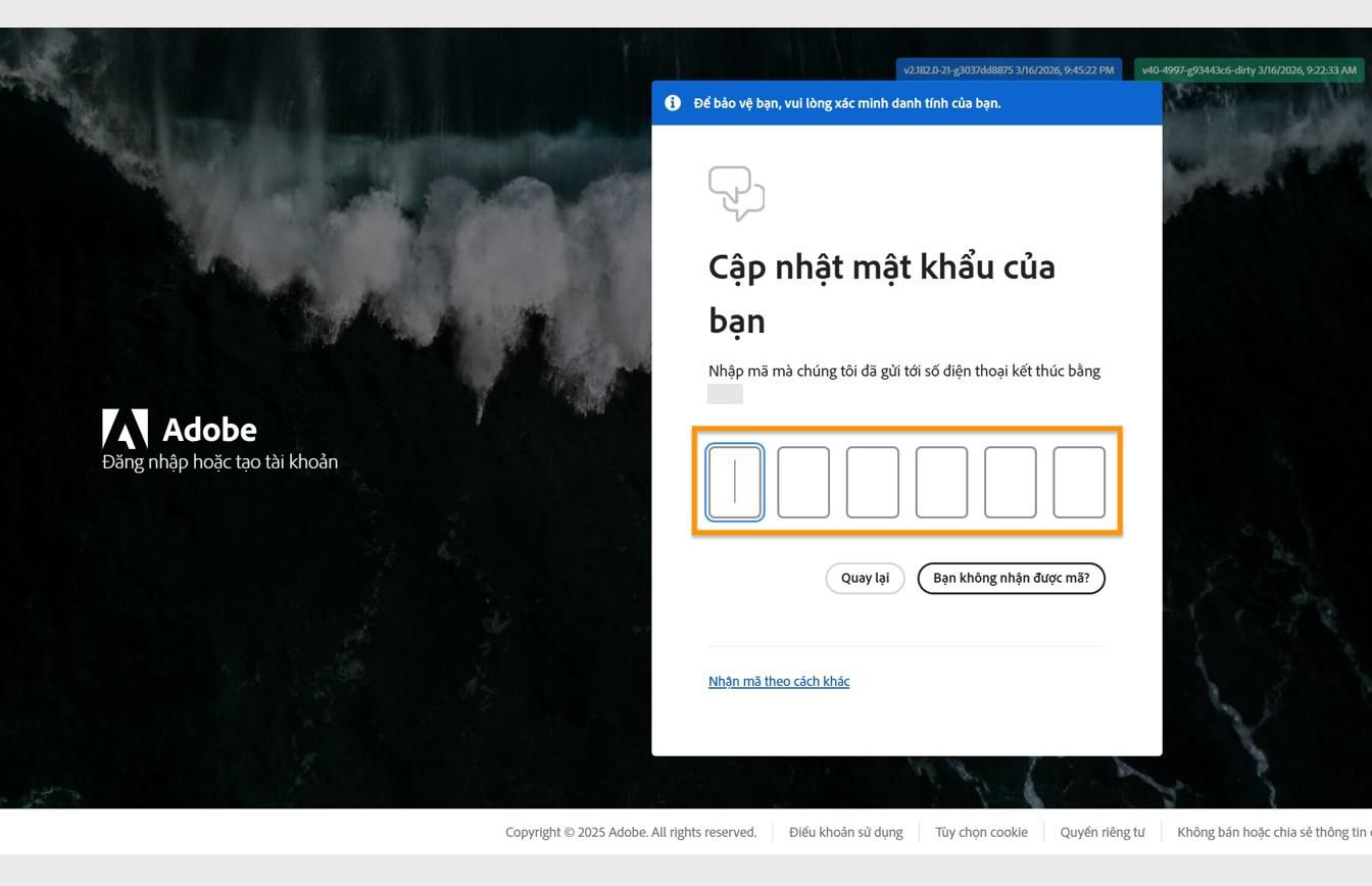Cửa sổ Cập nhật mật khẩu của bạn trên trang đăng nhập với trường được làm nổi bật để nhập mã và xác minh danh tính của bạn.