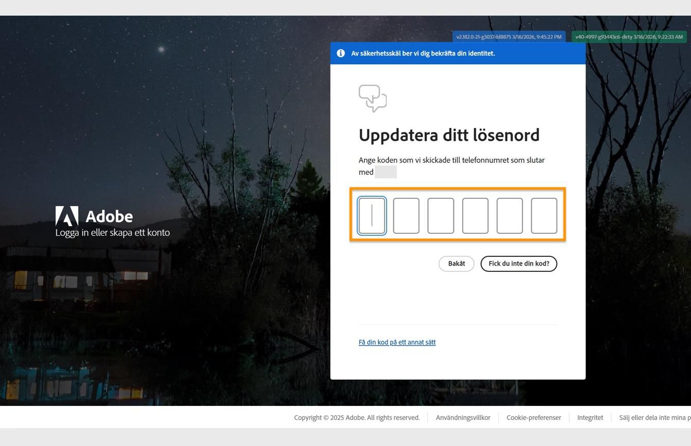 Fönstret Uppdatera lösenordet på inloggningssidan med ett markerat fält där du anger din kod och verifierar din identitet.