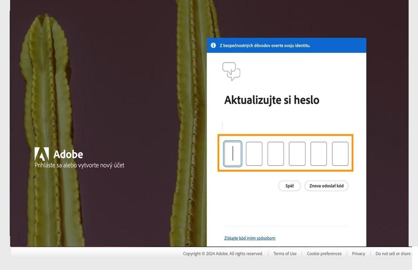 Okno Aktualizovať heslo na prihlasovacej stránke so zvýrazneným poľom na zadanie kódu a overenie totožnosti.