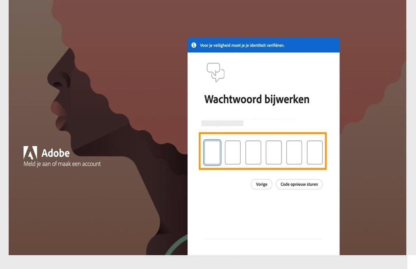 Het venster 'Je wachtwoord bijwerken' op de aanmeldingspagina met een gemarkeerd veld om je code in te voeren en je identiteit te verifiëren.