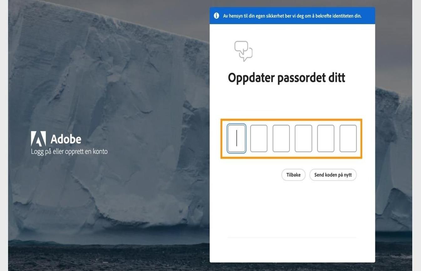 Vinduet Oppdater passordet ditt på påloggingssiden med et uthevet felt for å skrive inn koden din og verifisere identiteten din.