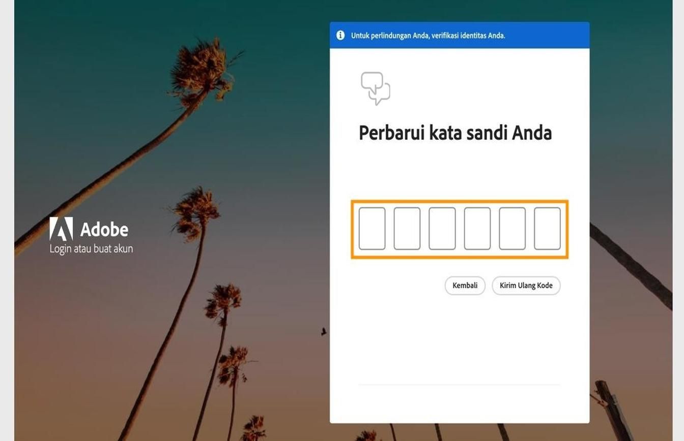 Jendela Perbarui kata sandi Anda pada halaman Login dengan kolom yang disorot untuk memasukkan kode dan memverifikasi identitas.