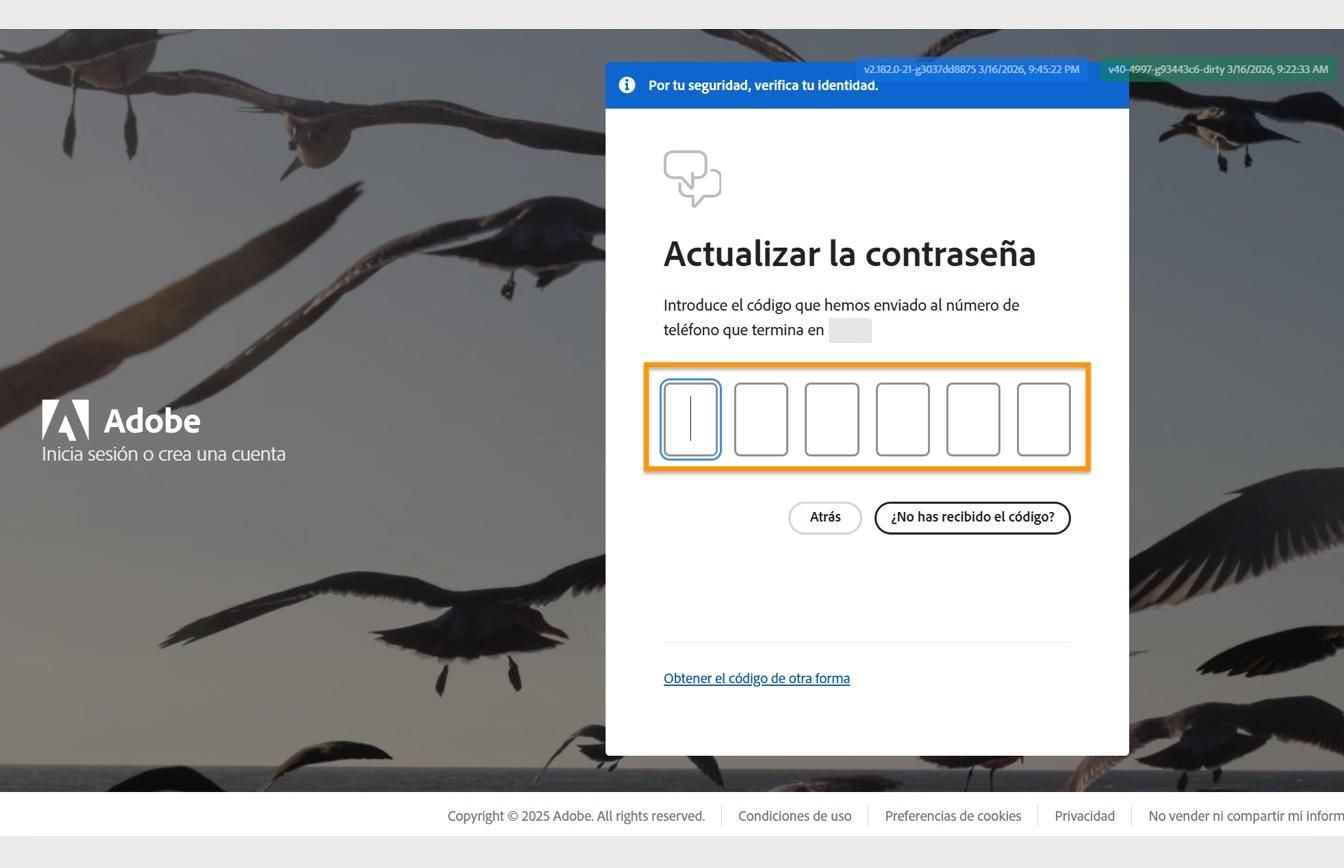 La ventana Actualizar su contraseña en la página de Iniciar sesión con un campo resaltado para introducir su código y verificar su identidad.