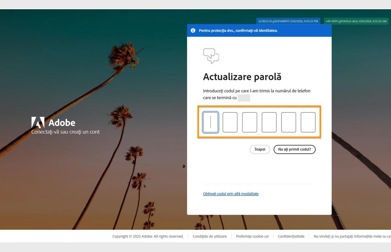 Fereastra Actualizați parola de pe pagina de Conectare cu un câmp evidențiat pentru introducerea codului și verificarea identității.