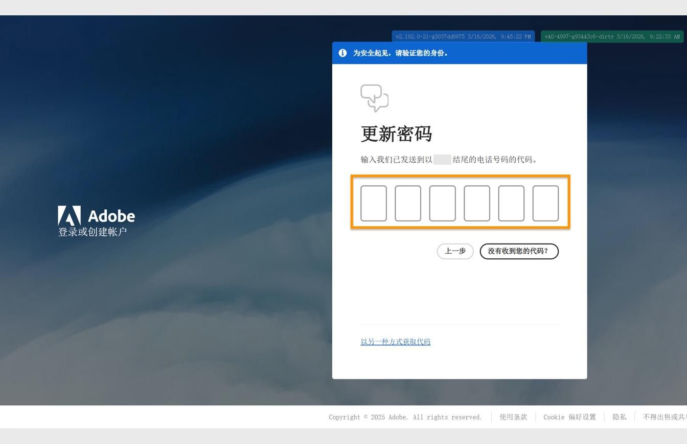 登录页面上的“更新您的密码”窗口，其中突出显示了输入代码和验证身份的字段。