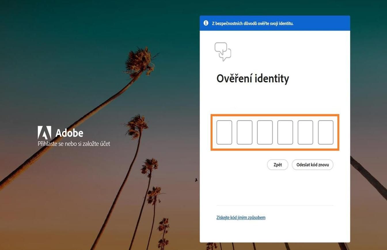 Okno Aktualizovat heslo na přihlašovací stránce se zvýrazněným polem pro zadání kódu a ověření identity.