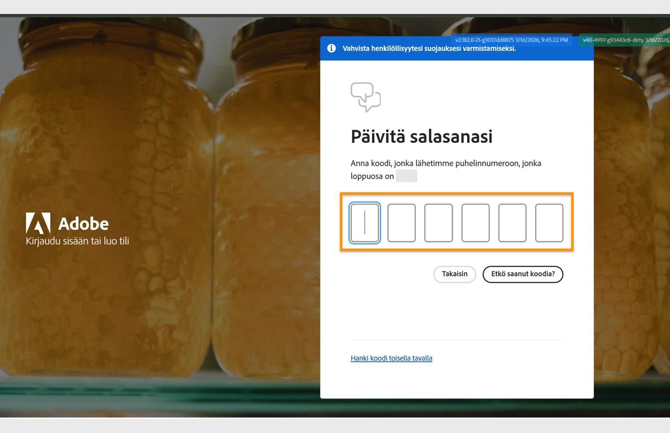 Päivitä salasanasi -ikkuna kirjautumissivulla, jossa on korostettu kenttä koodin syöttämistä ja henkilöllisyyden vahvistamista varten.