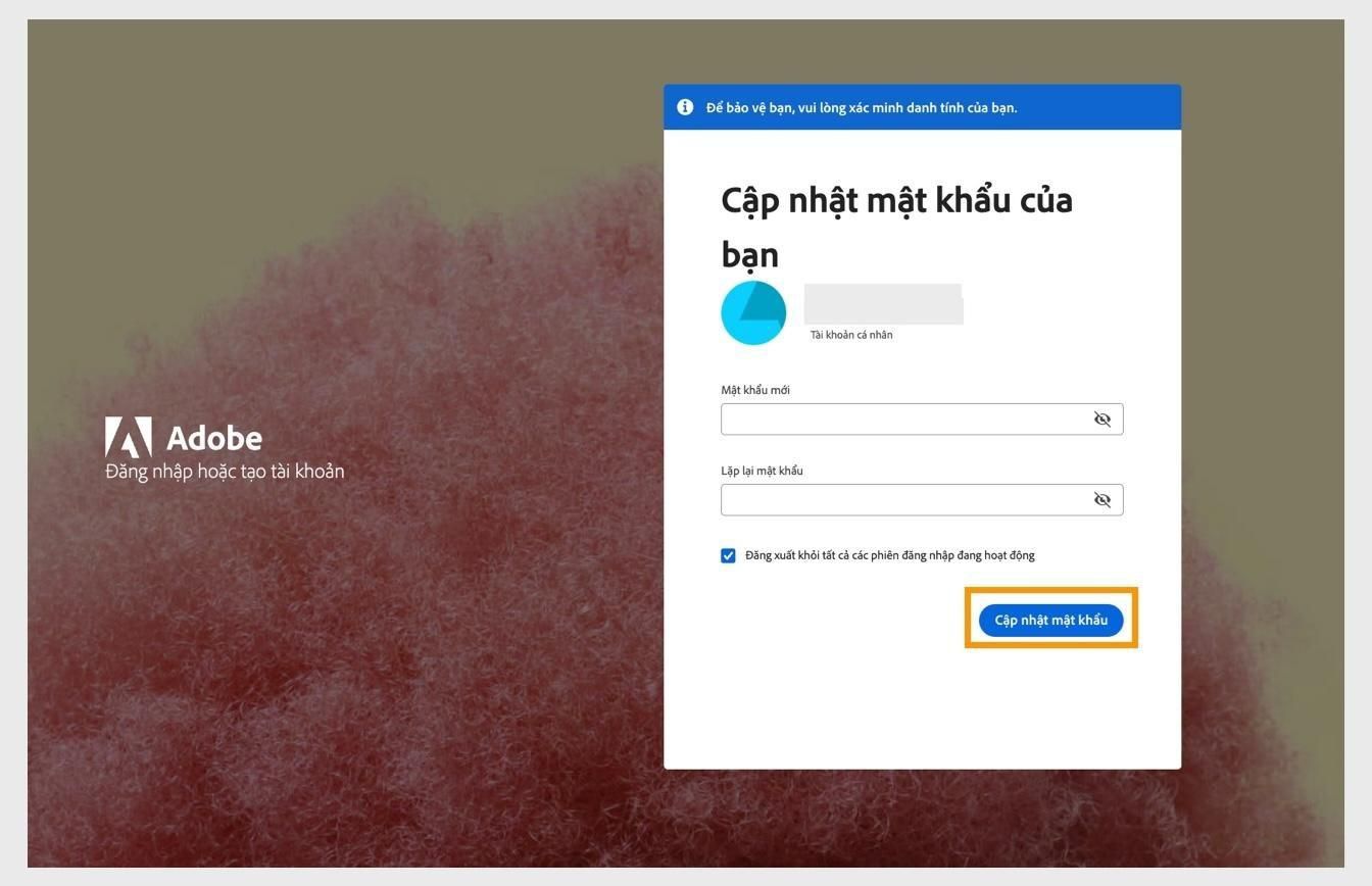 Cửa sổ Cập nhật mật khẩu của bạn với hai trường để nhập mật khẩu mới và nút Cập nhật mật khẩu được làm nổi bật.