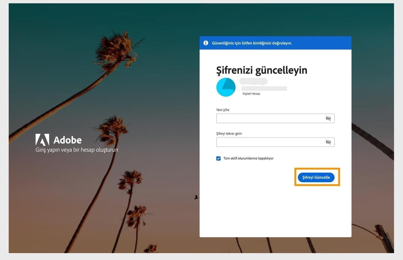 Yeni parolayı girmek için iki alan ve vurgulanmış Parolayı Güncelle düğmesi bulunan Parolanızı güncelleyin penceresi.