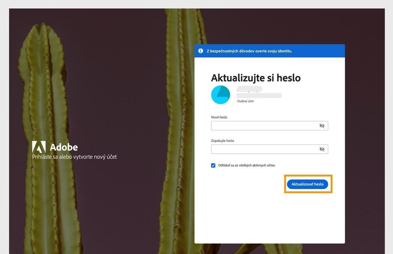 Okno Aktualizovať heslo s dvoma poľami na zadanie nového hesla a zvýrazneným tlačidlom Aktualizovať heslo.