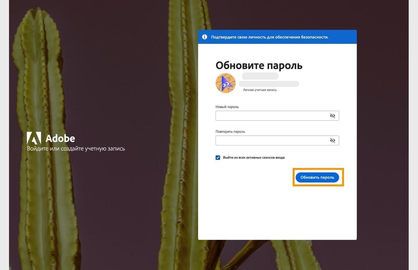 Окно «Обновить пароль» с двумя полями для ввода нового пароля и выделенной кнопкой «Обновить пароль».