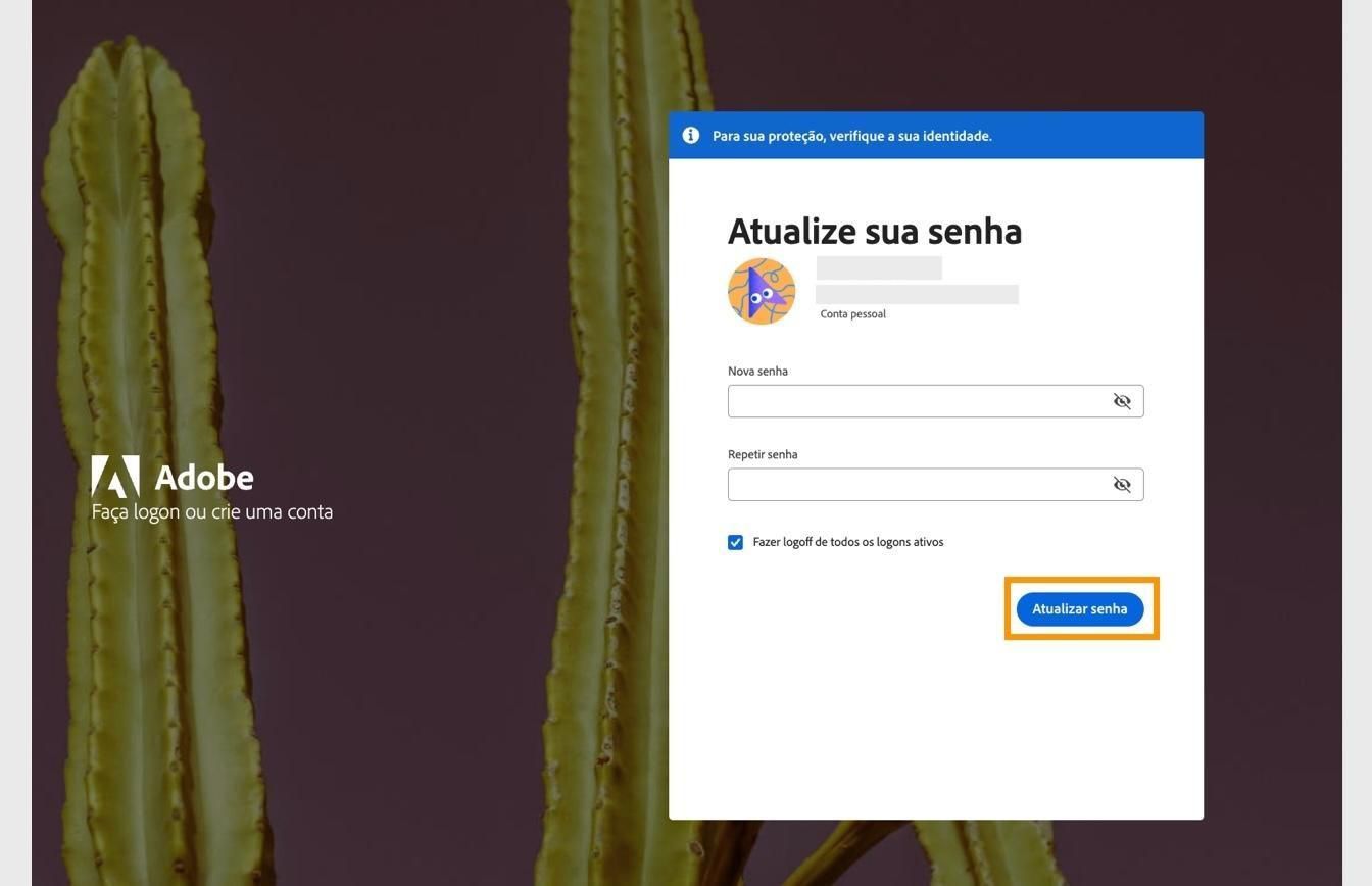 A janela Atualizar senha com dois campos para inserir a nova senha e o botão Atualizar senha destacado.