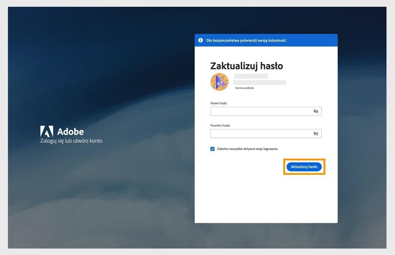 Okno Aktualizuj hasło z dwoma polami do wprowadzenia nowego hasła i wyróżnionym przyciskiem Aktualizuj hasło.