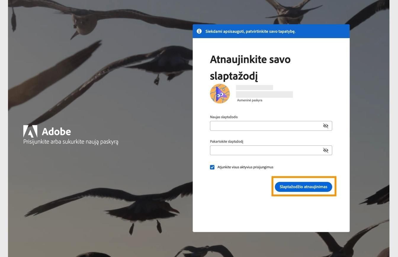 Langas „Atnaujinti slaptažodį“ su dviem laukais, kuriuose galima įvesti naują slaptažodį, ir paryškintu mygtuku „Atnaujinti slaptažodį“.