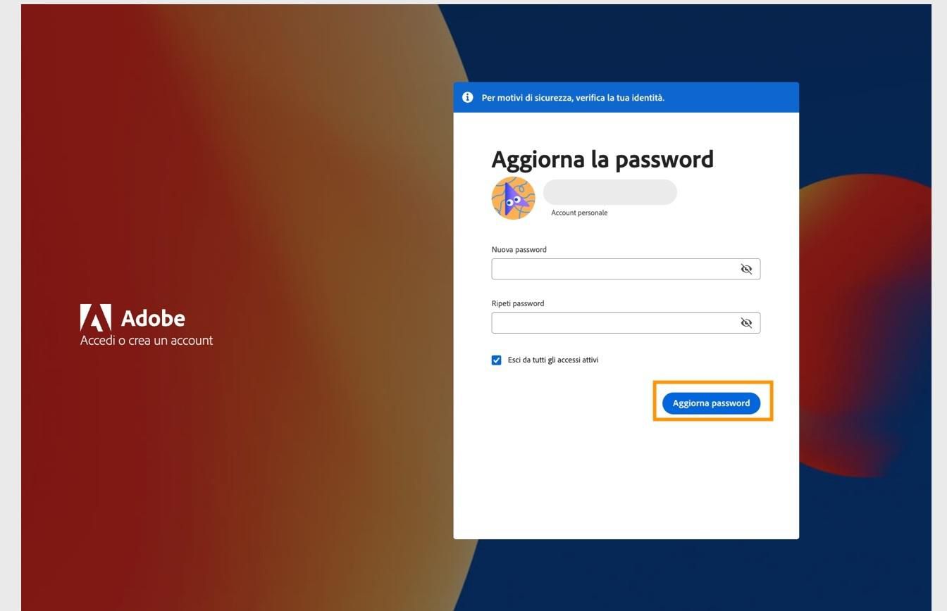 La finestra Aggiorna la password con due campi per inserire la nuova password e il pulsante Aggiorna password evidenziato.