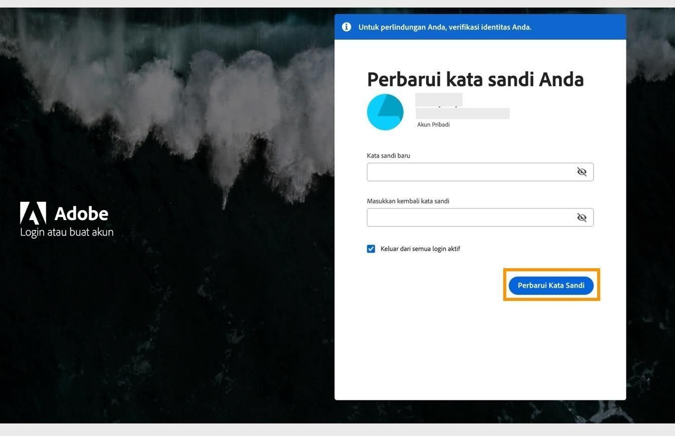 Jendela Perbarui kata sandi Anda dengan dua kolom untuk memasukkan kata sandi baru dan tombol Perbarui Kata Sandi yang disorot.