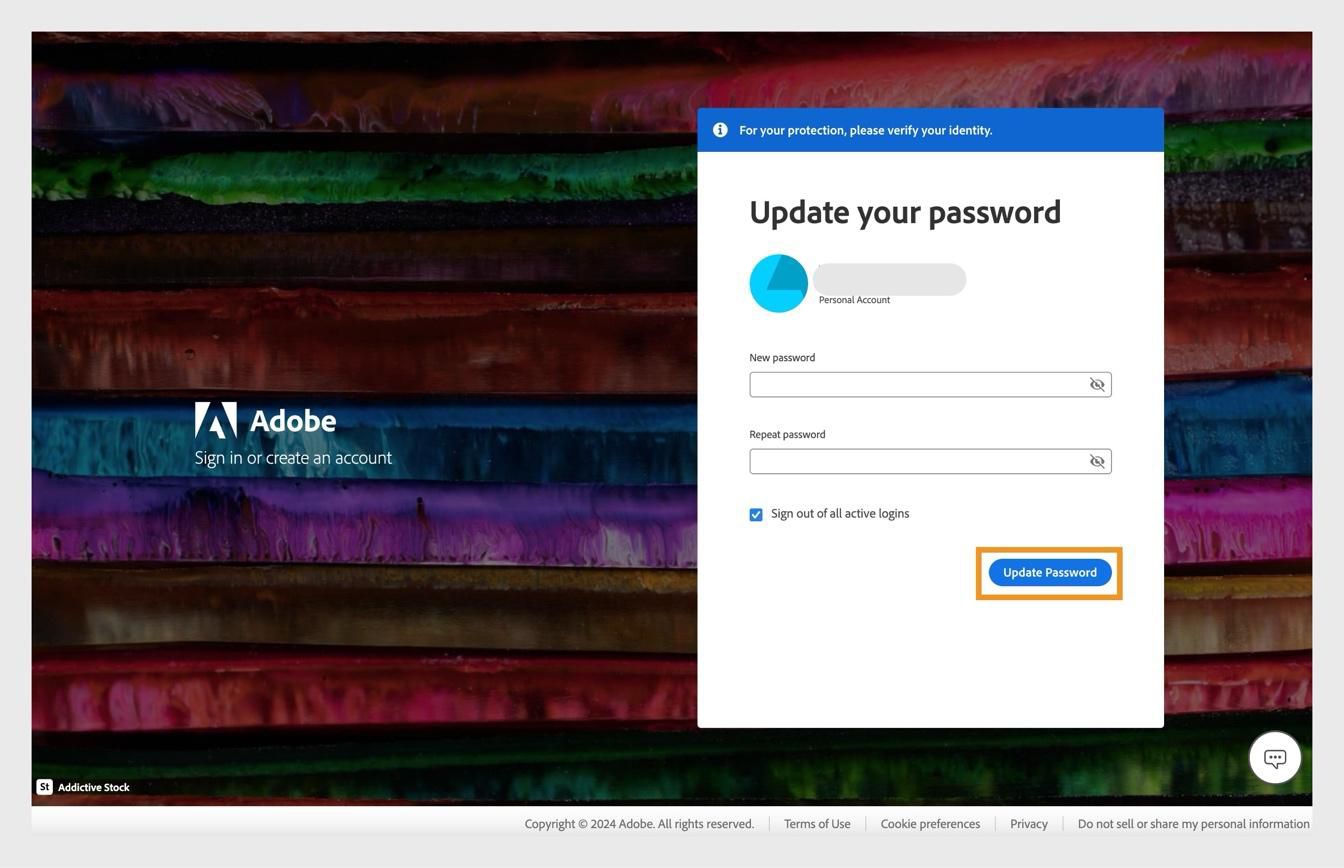 A Jelszó frissítése ablak két mezővel az új jelszó megadásához és a kiemelt Jelszó frissítése gombbal.