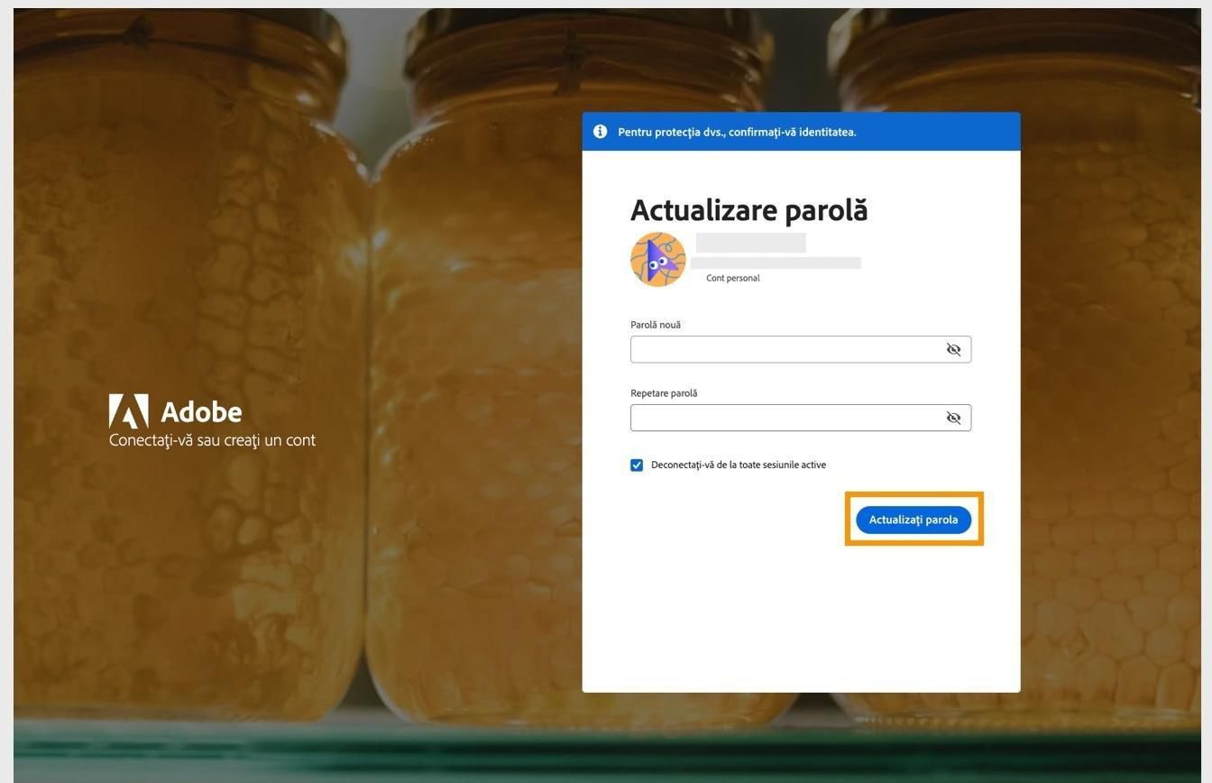 Fereastra Actualizați parola cu două câmpuri pentru introducerea parolei noi și butonul Actualizați parola evidențiat.