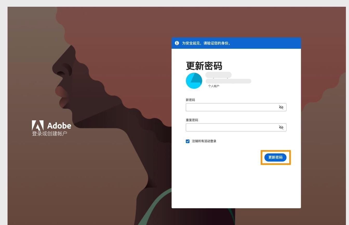 “更新您的密码”窗口，其中包含两个用于输入新密码的字段，并突出显示了“更新密码”按钮。