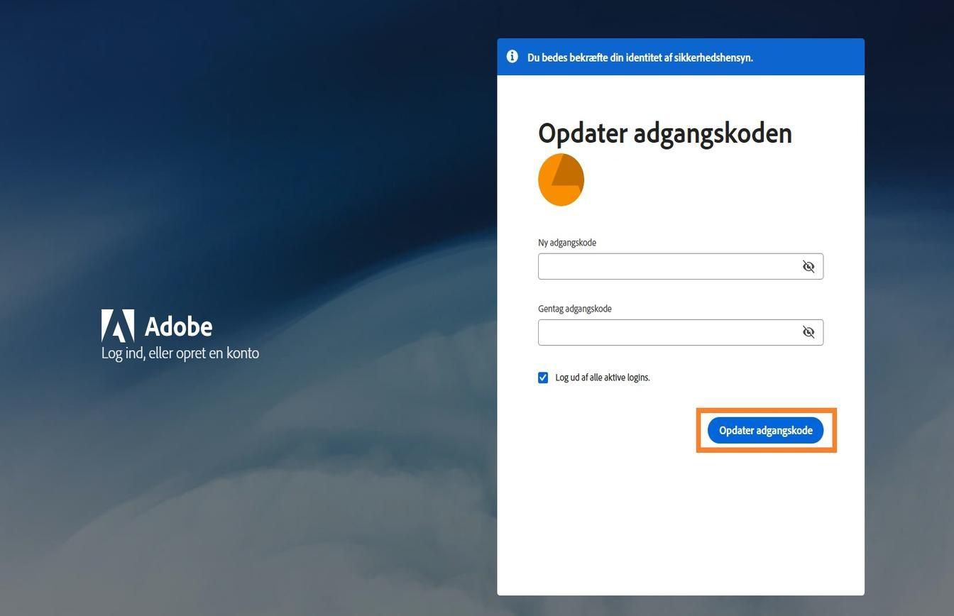 Vinduet Opdater din adgangskode med to felter til at indtaste den nye adgangskode og den fremhævede knap Opdater adgangskode.